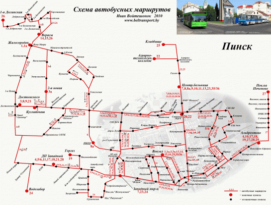 Подробная карта-схема маршрутов городского транспорта Пинска