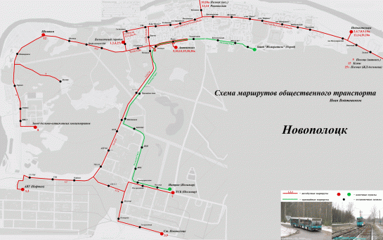 Подробная карта-схема маршрутов городского транспорта Новополоцка