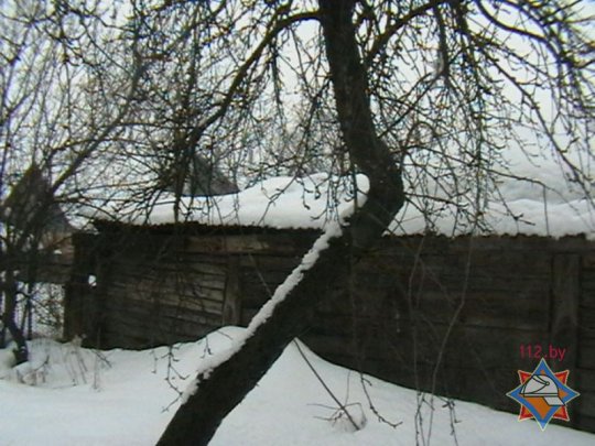 Фотофакт: в Хойниках под тяжестью снега обрушилась кровля сарая