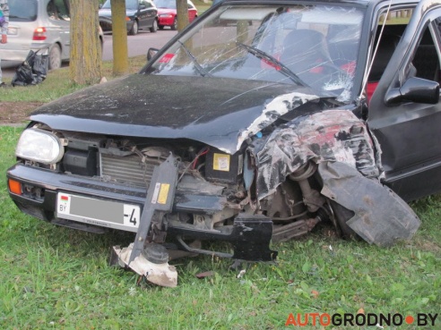 В Гродно пьяный водитель угнал микроавтобус, вытолкнул VW Golf в столб, а сам, выскочив на газон, сломал дерево