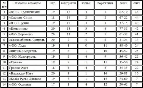 Турнирная таблица Чемпионата области по футболу после 20-ти туров