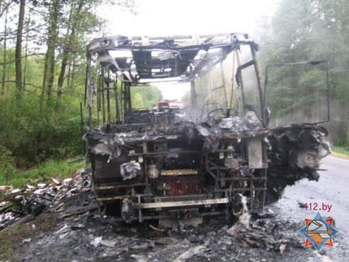 Под Калинковичами в дороге полностью сгорел автобус (фото)