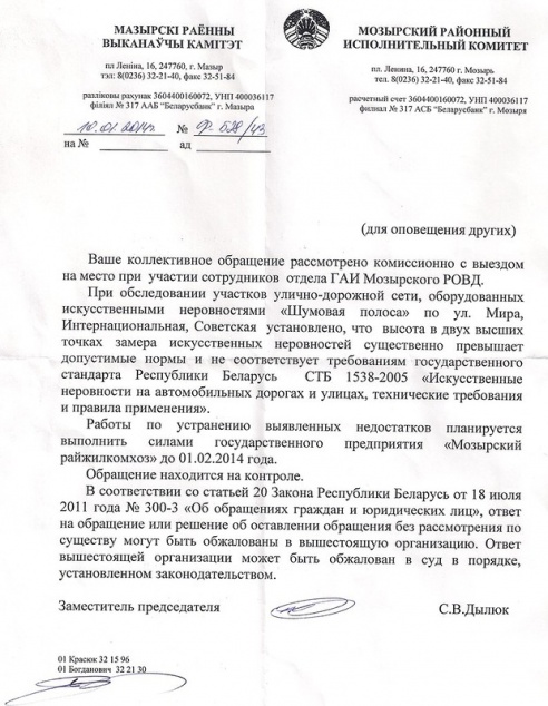 Мозырские власти пообещали устранить недостатки шумовых полос (документ)