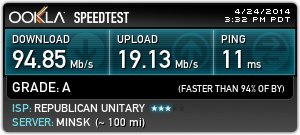 Некоторые абоненты «Белтелекома» в Светлогорске «летают» на скорости 94 Мб/с (фото)