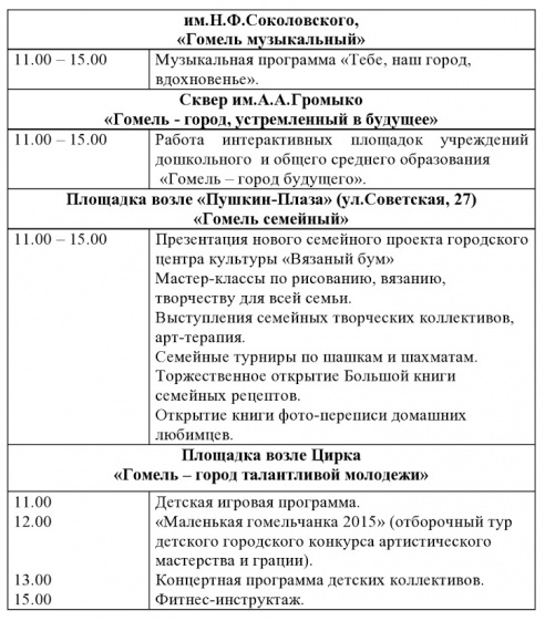 Программа праздничных мероприятий, посвященных Дню города Гомеля 12 сентября