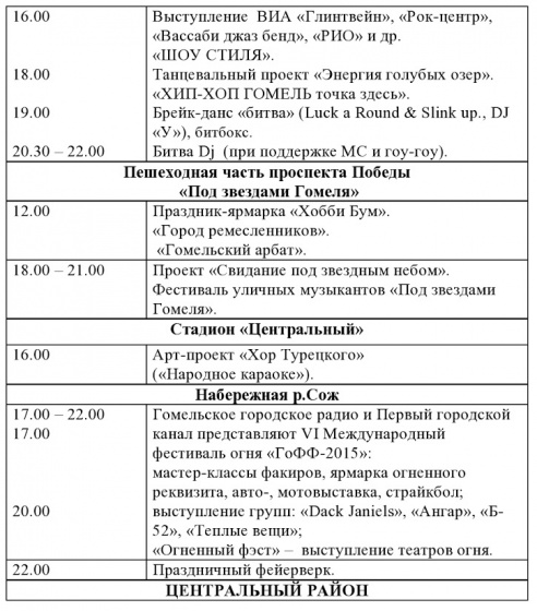 Программа праздничных мероприятий, посвященных Дню города Гомеля 12 сентября