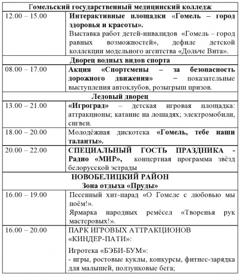 Программа праздничных мероприятий, посвященных Дню города Гомеля 12 сентября
