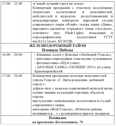 Программа праздничных мероприятий, посвященных Дню города Гомеля 12 сентября