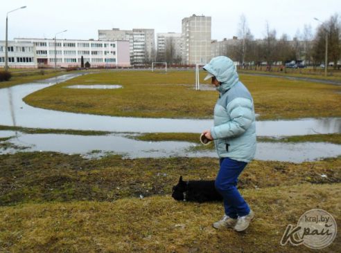 Весной стадион СШ №12 в Молодечно заливает вода. Директор школы: «В ливневке за 100 000 рублей нет необходимости» (фото)