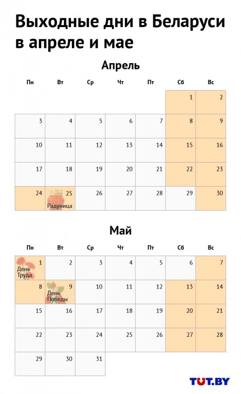 Как белорусы будут отдыхать и работать в апреле и мае (инфографика)